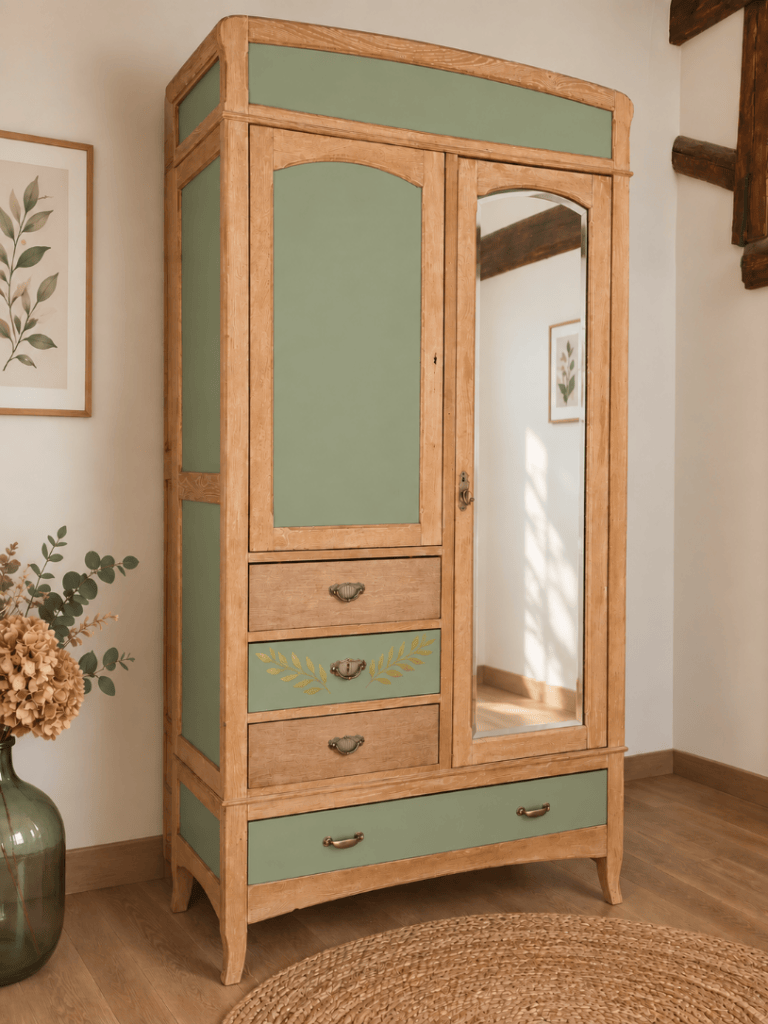 Armoire en bois avec des panneaux verts, miroir et tiroirs, placée dans une pièce lumineuse avec un vase et des fleurs.