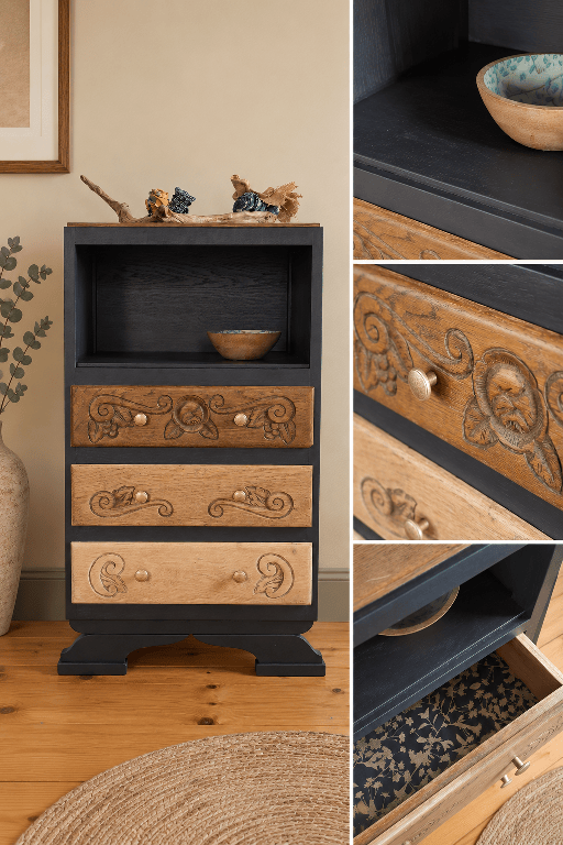 Meuble de rangement avec finition en bois clair et noir, présentant des tiroirs sculptés et un espace ouvert en haut, décoré d'un petit bol en céramique.