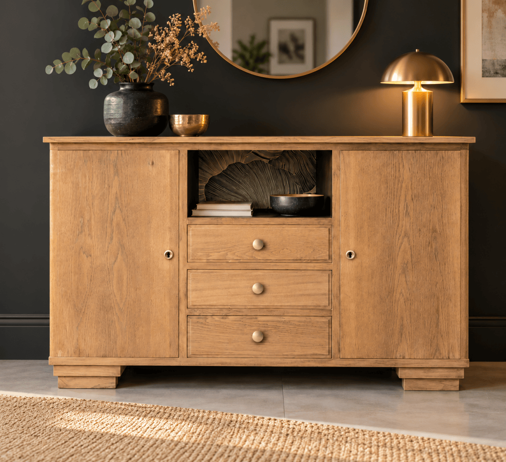 Meuble en bois clair avec des tiroirs, décoré d'un vase noir, d'une coupelle dorée et une lampe dorée, devant un mur noir.