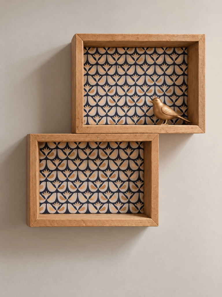 Deux cadres en bois avec des motifs floraux sur un fond bleu, l'un d'eux contenant une petite statue d'oiseau doré.