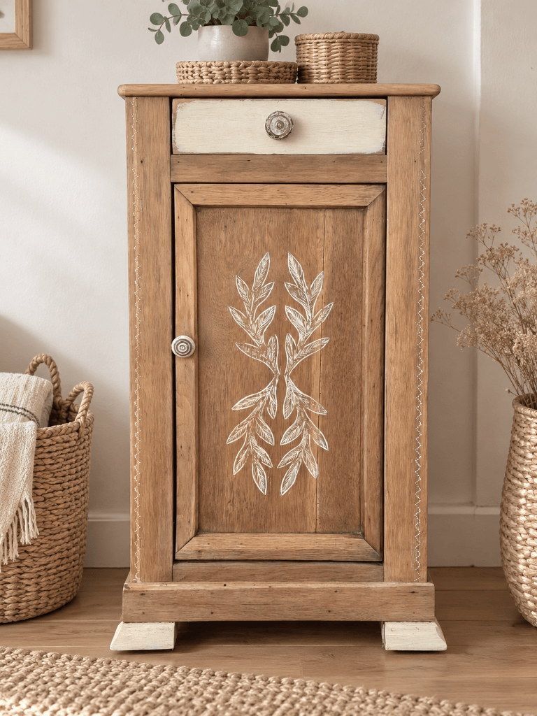 Armoire en bois avec une touche vintage, ornée d'un dessin de feuilles blanches sur la porte, avec un tiroir supérieur et des paniers décoratifs à côté.