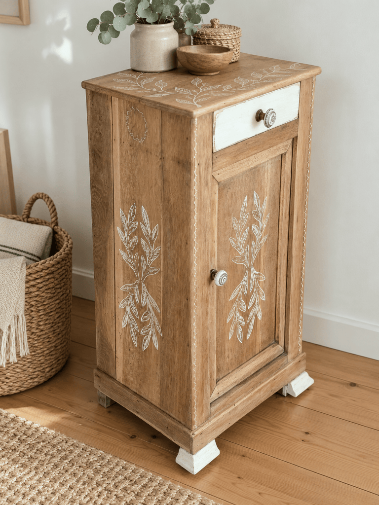 Meuble en bois avec des motifs floraux peints, une porte et un tiroir, décoré sur le dessus avec un vase et des bols, placé sur un sol en bois.