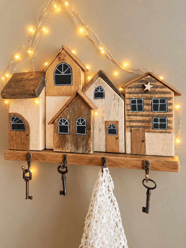 Support mural en bois avec des maisons décoratives et des lumières LED, accompagné de crochets pour des clés et un sac en tessons.